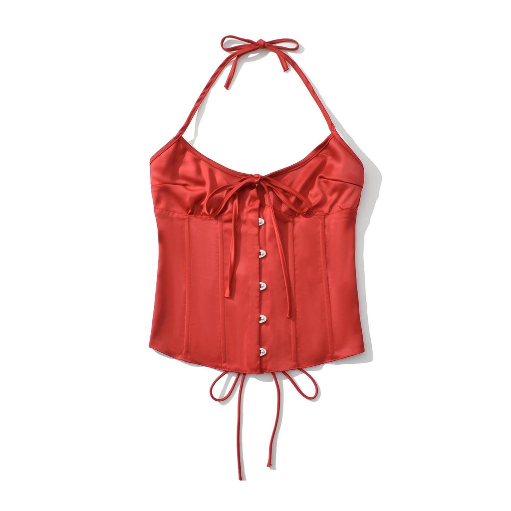 European Satin Solid Color Halter Neck Camisole for Women – Adjustable Tie-Up Back, Sexy and Chic Design