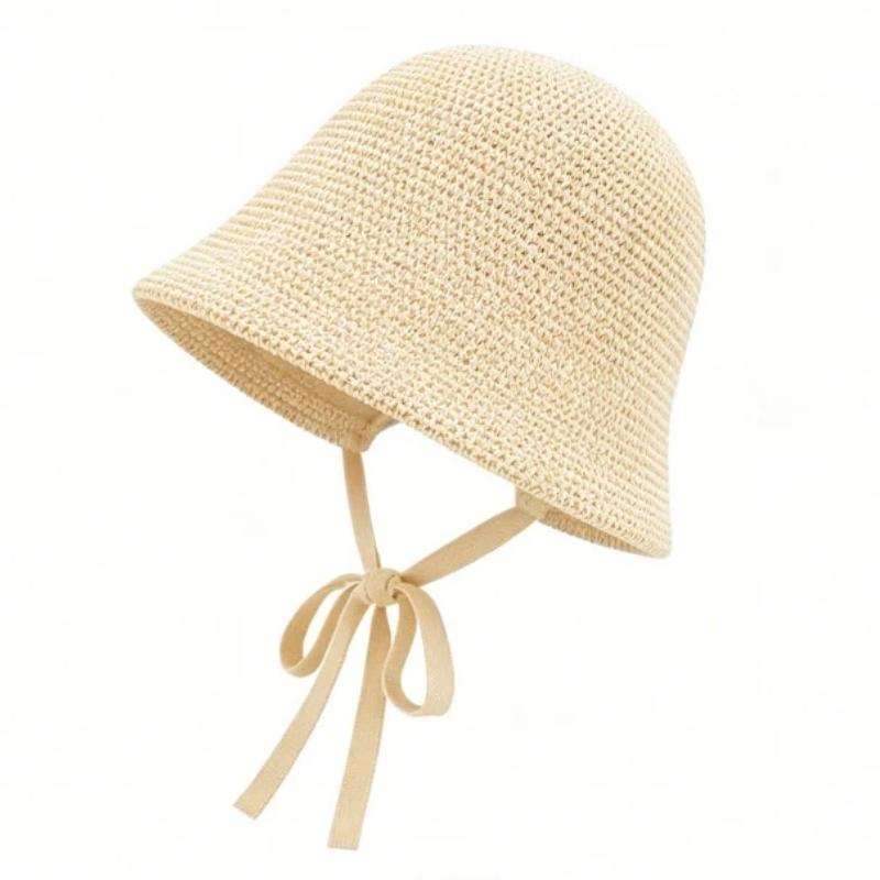 Summer Essential Striped Basin Hat with Knitted Hollow Out Design Foldable for Beach Sunshade