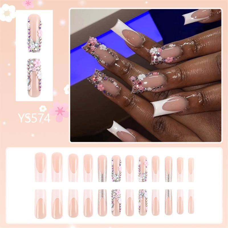 24 Pezzi Unghie Finte Press On French Tip Unghie Finte Quadrate Unghie Artificiali con Fiori 3D Strass Unghie da Incollare per Donne