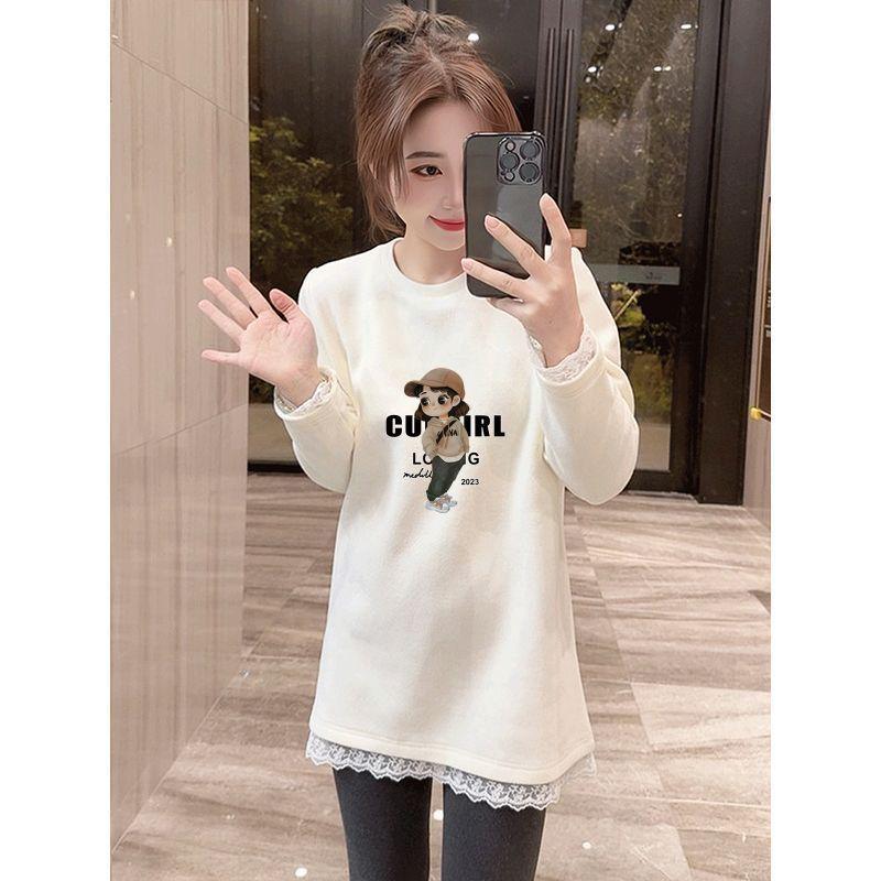 

Women s Fleece Plus Velvet Warm Long Sleeve T-Shirt, Round Neck Loose Fit, Medium Length - Perfect for Autumn and Winter. 2XL for 70-80kg