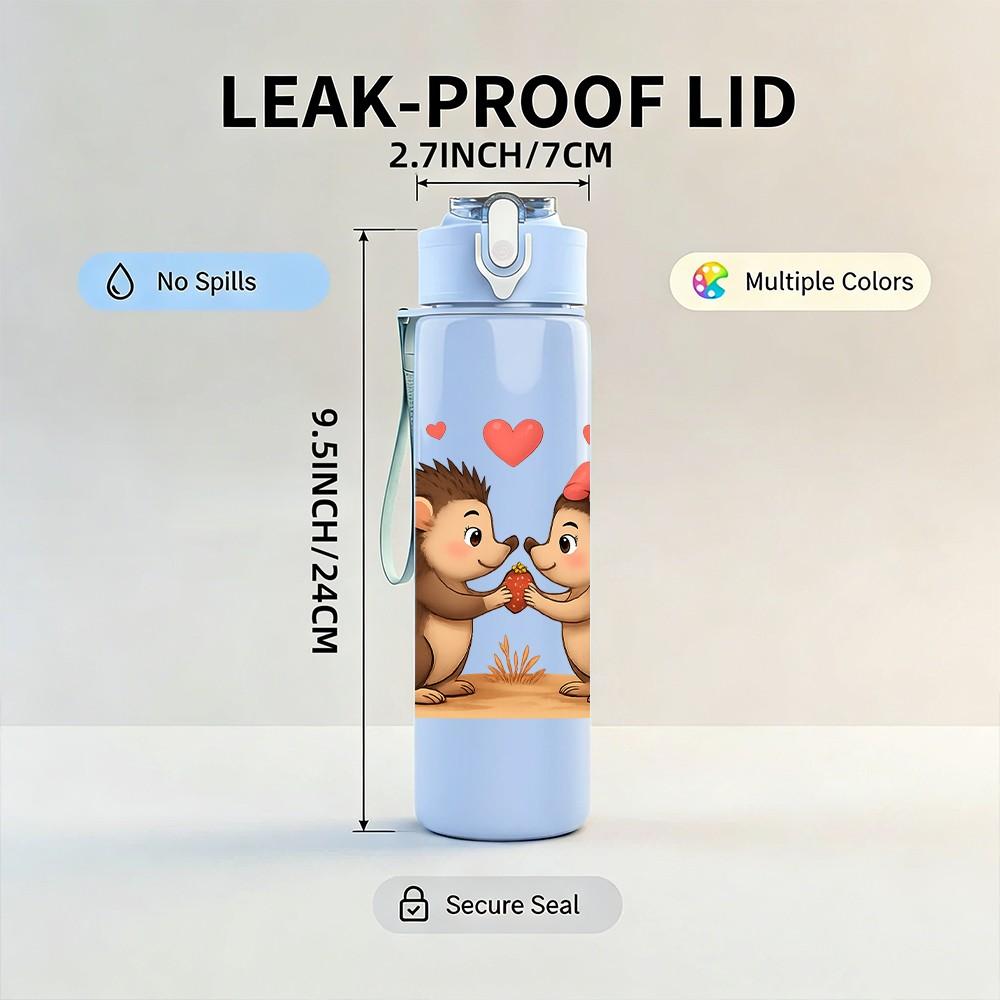 1PC Loving Hedgehog Couple 750ml Color Plastic Sports Water Bottle Leakproof Flip Straw Lid Suitable for Sports Office Home Use