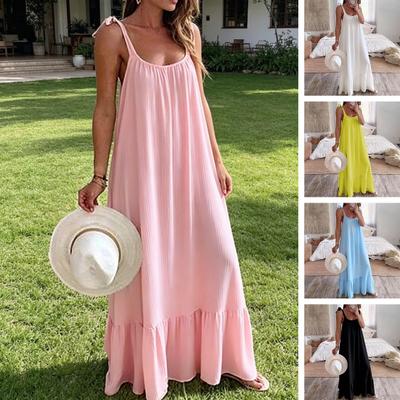 Women's Summer Casual Loose Dress Tie Shoulder Sleeveless Square Neck Maxi Dress A-Line Ruffle Flowy Beach