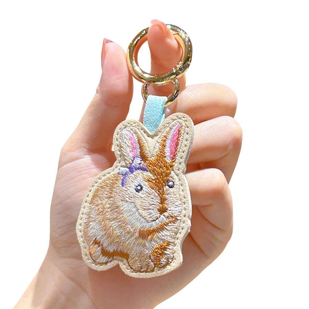 PU Leather Cartoon Animal Pendant Dog Car Keyring Embroidery Rabbit Keychain  Backpack Decoration