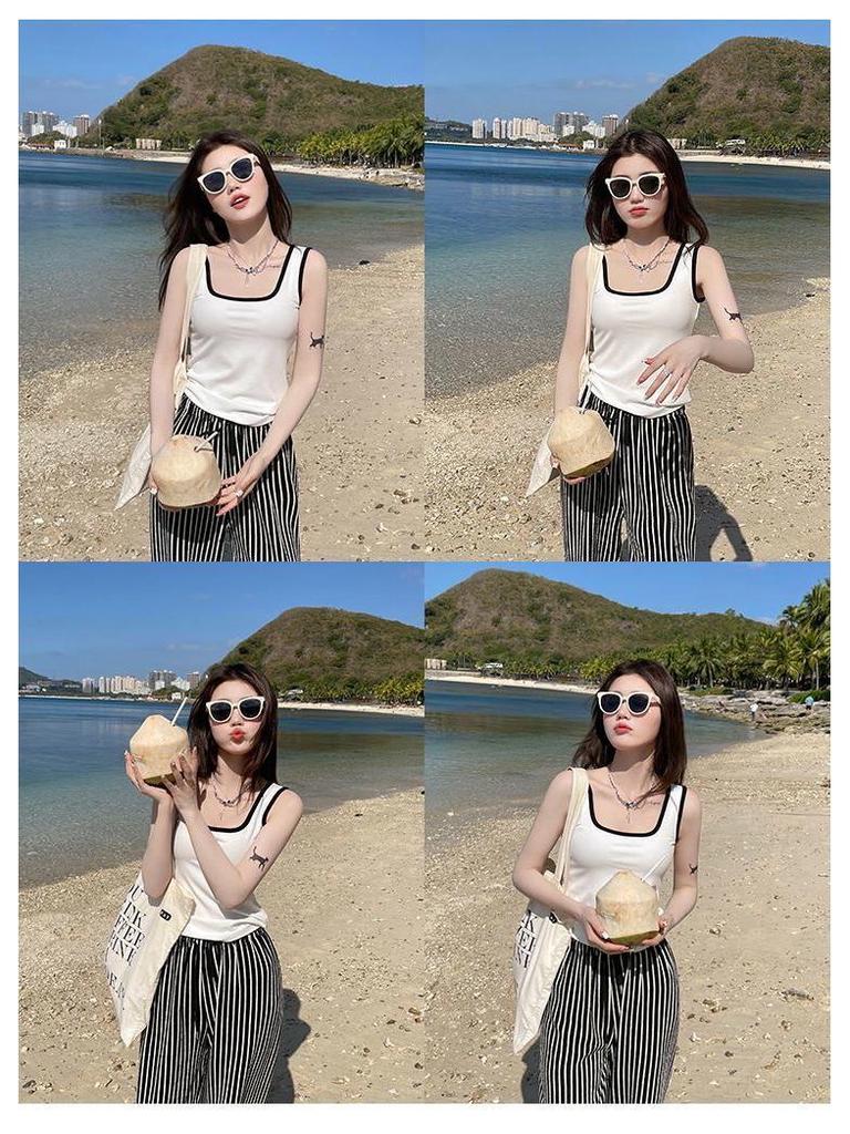 Women's Spicy Girl Square Neck, Wide-Strap Contrast Vest with Fixed Pads, Conceals Underarm Fat, Versatile Casual Top