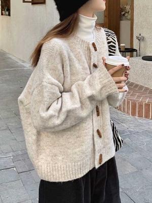 Round Neck Knit Cardigan Sweater Loose Horn-Buckle Women's Solid Casual Loose Sweaters Coat Fall Winter Simple Fashion Simple Basic Clothing