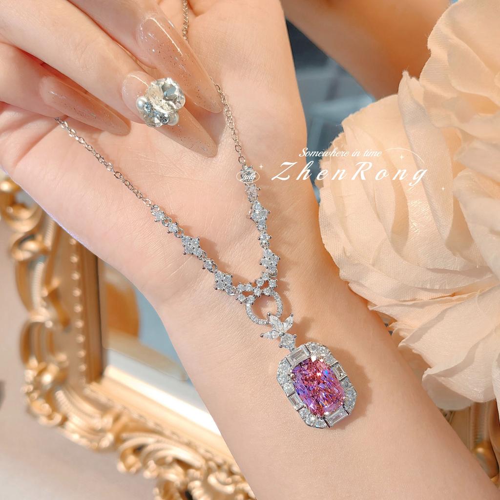 Foydjew Luxury Large Carat Square Princess Cut Pink Cubic Zirconia Pendant Necklace Women Copper Color Ring Wedding Zircon Sets