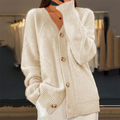 Pull femme automne et hiver couleur unie manches longues col en V cardigan tricoté rangée de boutons veste jacquard