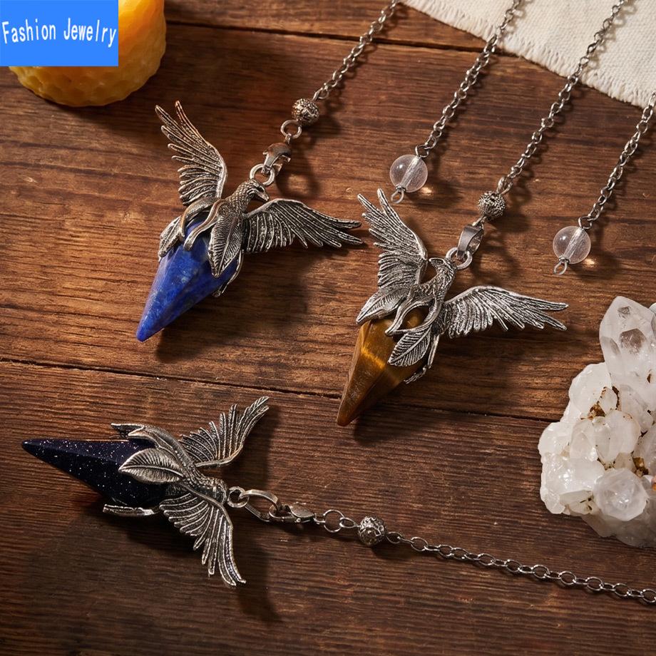 Natural crystal stone hexagonal cone phoenix wings pendant retro pendulum peace dove pendant