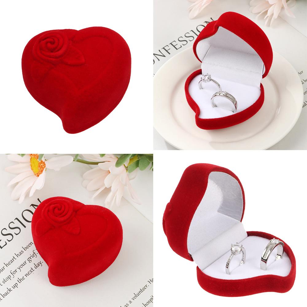 Durable Exquisite Wedding Red Rose Velvet Jewelry Box Double Ring Storage Box Ring Display Box