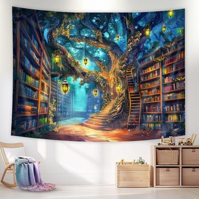 Tecido de Tapeçaria Pendurada da Biblioteca de Fantasia Árvore de Conto de Fadas Estante Mágica Árvore Misteriosa Livro Mágico Estética Vintage Bruxólica