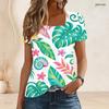 Women Plus Size U Neck Short Sleeve White Black Tropical Leaf Printed T Shirt