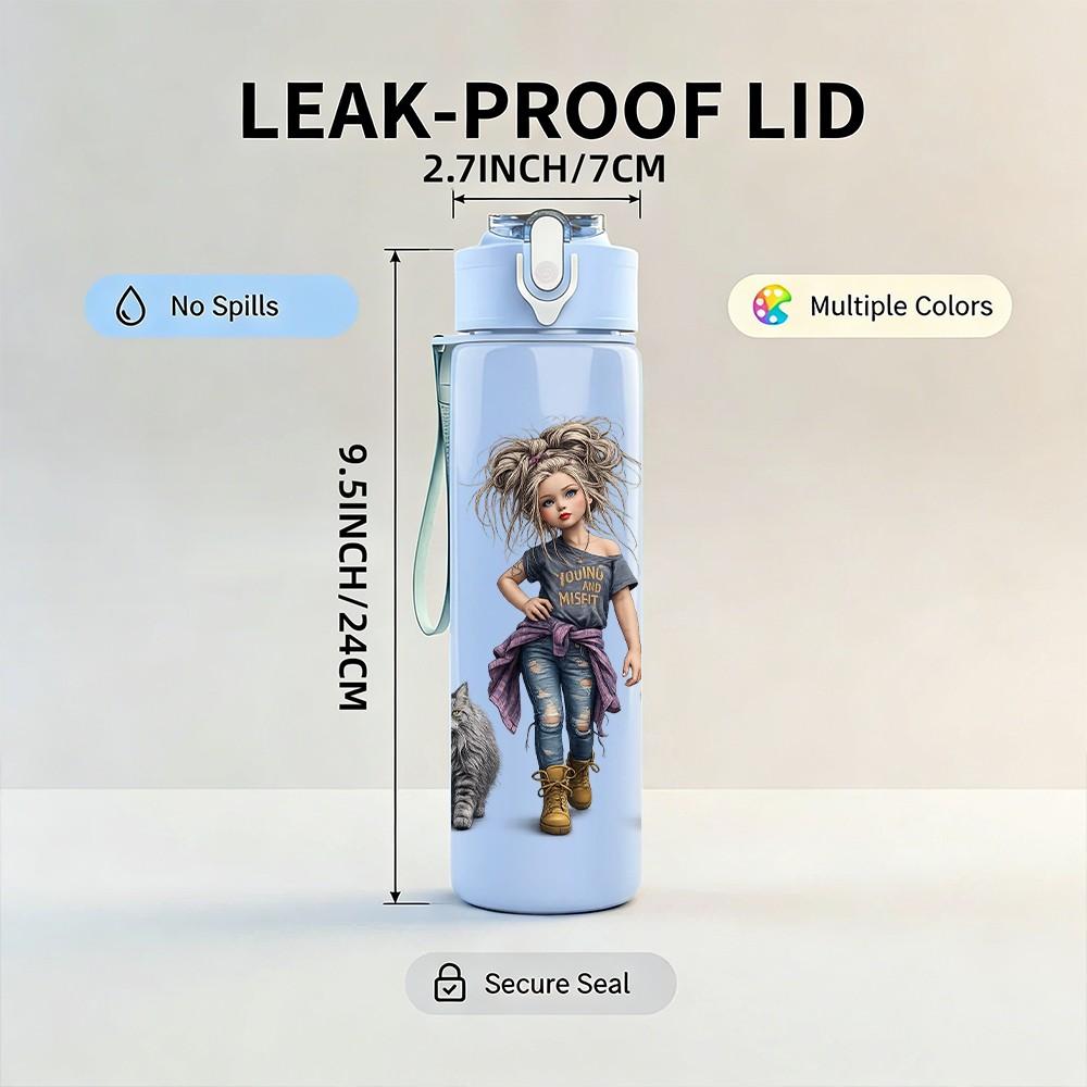 1PC Rag Doll Girl Toy Character Print 750ml Color Plastic Sports Water Bottle Leakproof Flip Straw Lid Suitable for Sports Office Home Use