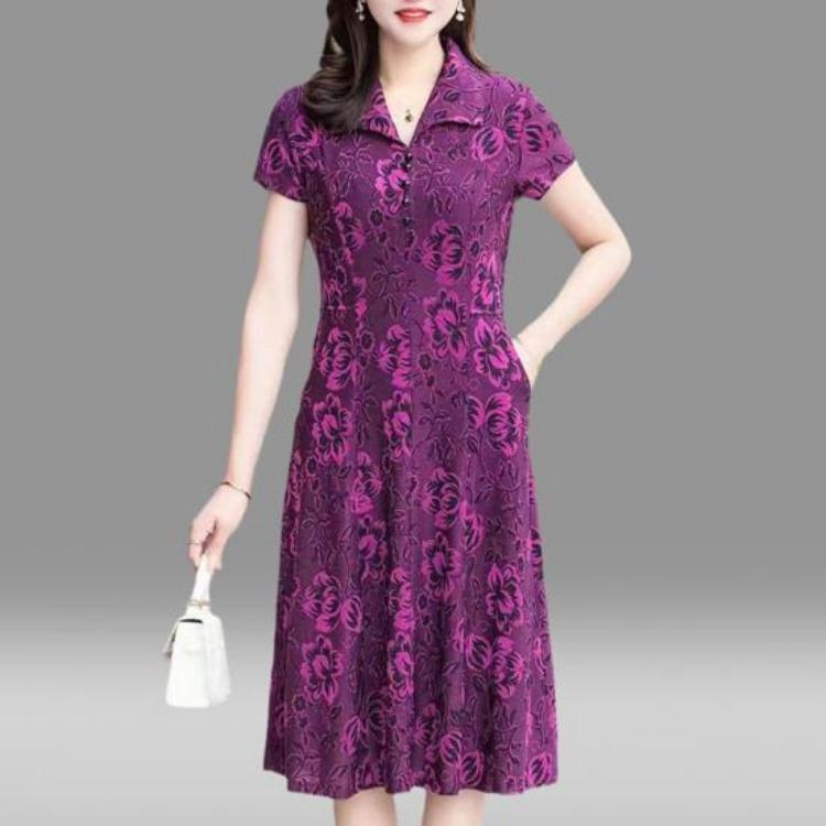 Spring Fall Floral Printed V Neck Lapel Collar Short Sleeves A-Line Midi Dress Casual Knee Length Dress for Women Middle Aged Ladies