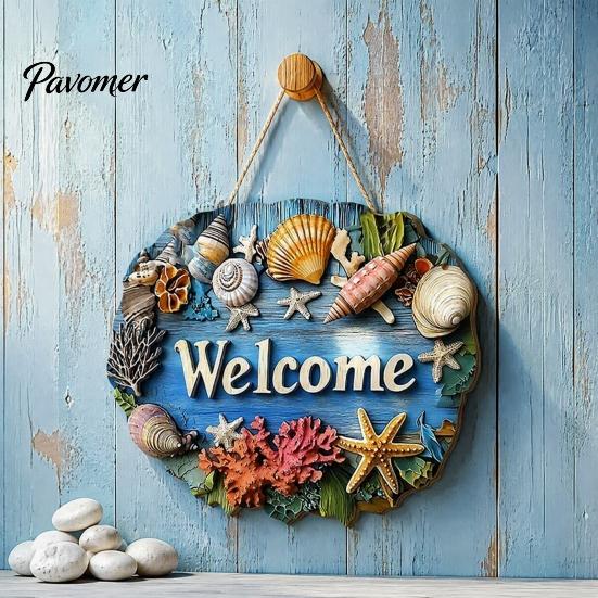 Patio Welcome Plaque Summer Coastal Wooden Wreath, Ocean Sign, Starfish Shell Nautical Hanging Sign Front Door Hanger for Porch, Indoor, Outdoor, Wall