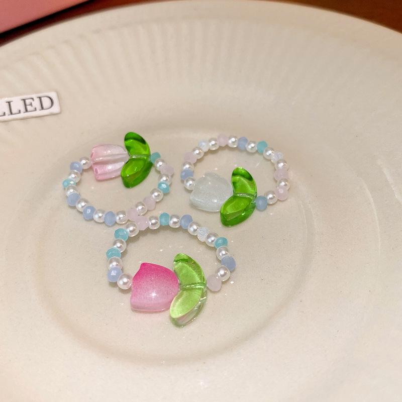 Acrylic flower pearl rhinestone elastic ring women's light luxury high-end sense fashion niche ring versatile jewelry women