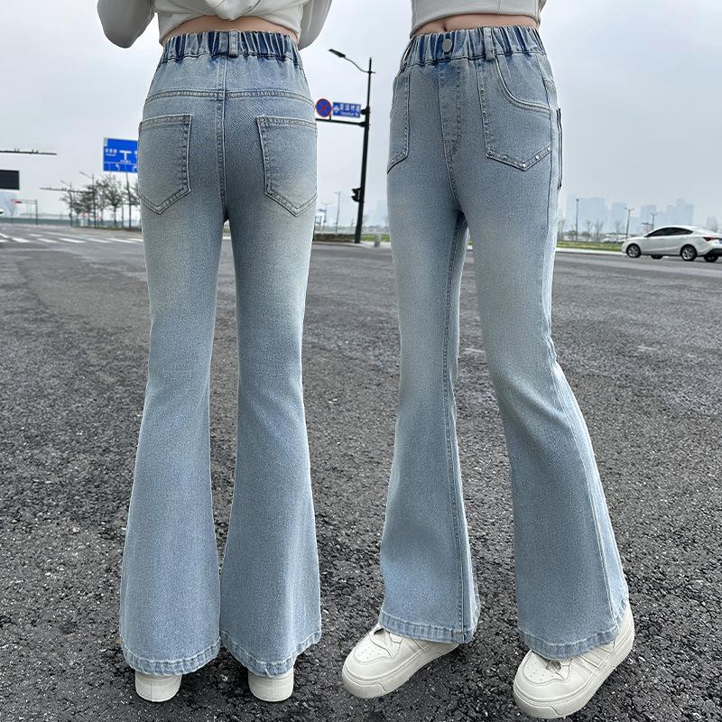 

2025 Spring/Autumn Girls High-Waist Elastic Sequin Flared Jeans 150 cm синій