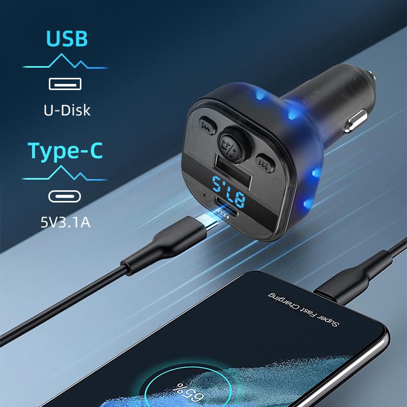 Bluetooth 5.0 Car FM Transmitter PD Type-C Dual Car Charger USB Ambient Player MP3 Charger Wireless Light Handsfree PD QC3.0