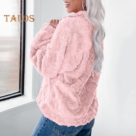 Winter Women Sweatshirt Zippered Turn-down Collar Rhombus Texture Plush Thick Long Sleeves Solid Color Keep Warm Autumn Top