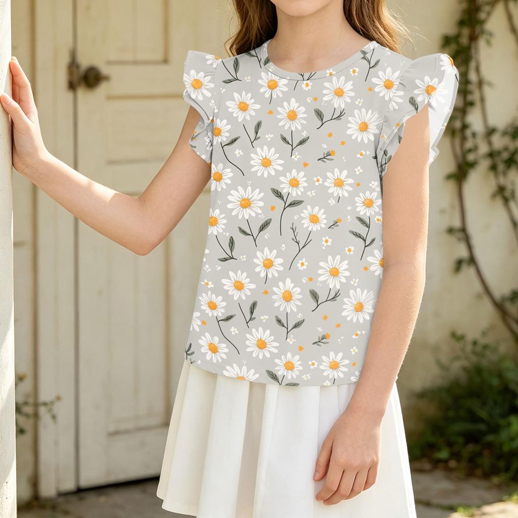 Girls' Short Sleeve Floral Print Ruffle Top with Round Neck for Casual Daily Wear