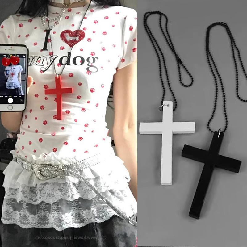 Halloween Jewelry Men & Women Gothic Vintage Dark Fashion Funny Whimsical Wooden Cross Pendant Necklace for Sweater