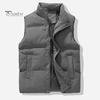 Men Windproof Vest Stand Collar Sleeveless Button Zipper Closure Waistcoat with Pockets Solid Color Thickened Down Vest Coat