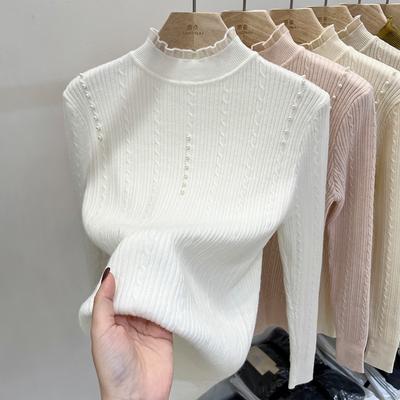 Herbst und Winter neue Strick-Basisshirt-Oberteil mit halbem Rollkragen Damen Twist Perle Mode schlank und dünn Innenpullover