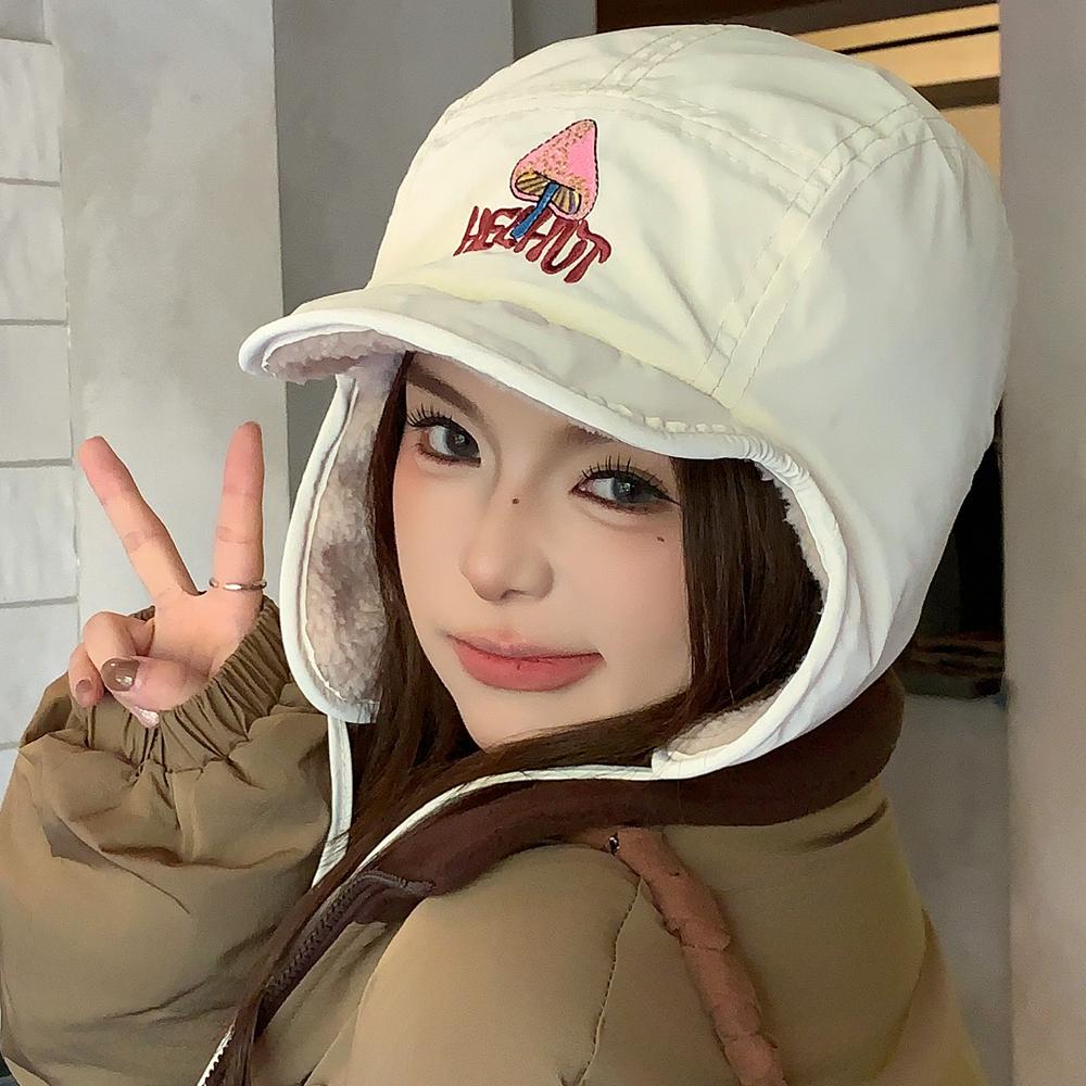 New Pilot Style Hat Fashioh Winter Cap Mushroom Embroidery Warm Bomber Hat Caps For Women Solid Color Girl Hats
