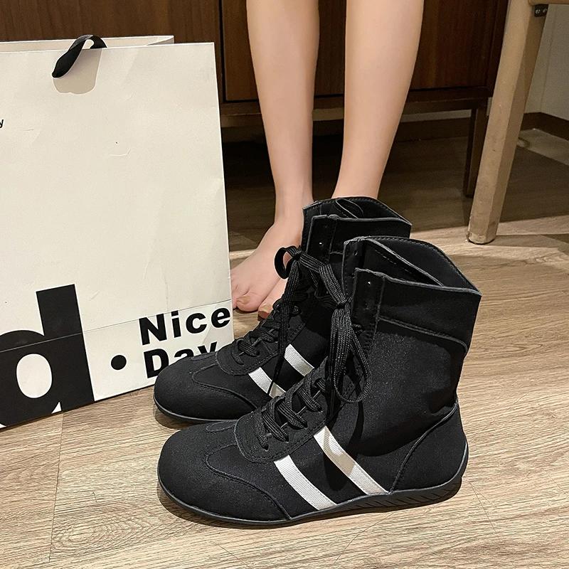 

Fashion High Top Short Boots Boxing Shoes for Women 2025 Spring Autumn Round Head Lace-up Sneakers Zapatos De Mujer 35 чёрный
