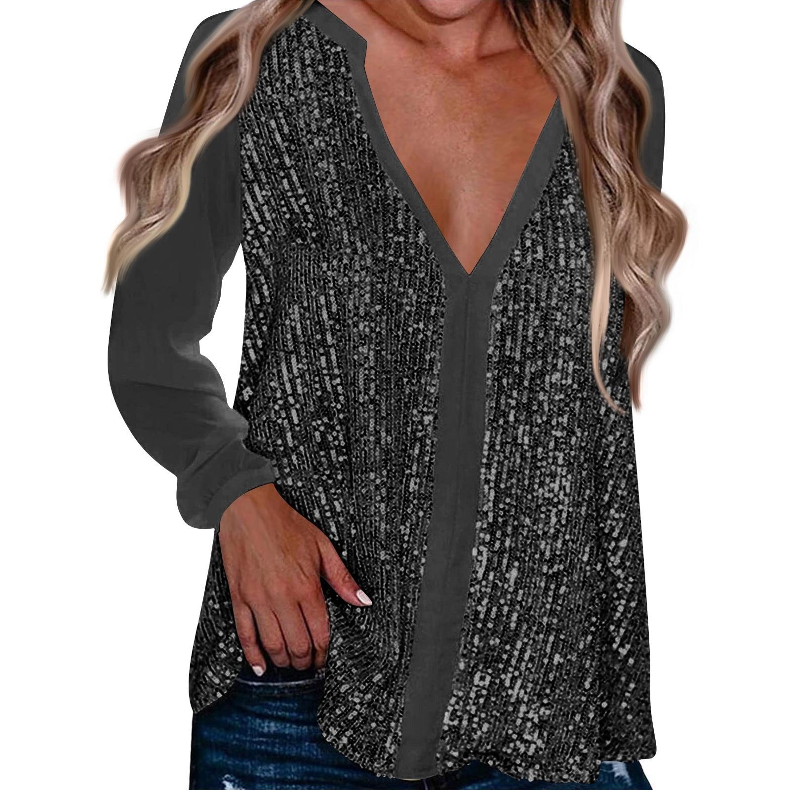 

Женская мода однотонная свободная рубашка с V-образным вырезом и длинными рукавами, элегантная повседневная рубашка XXXL чёрный