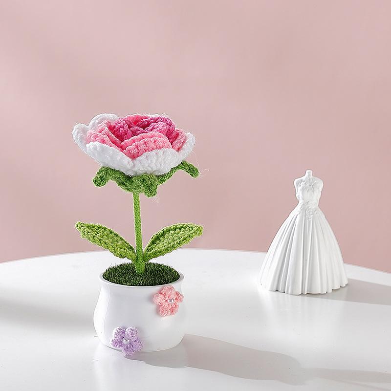 Creative Kintted Flower Potted Mini Artificial Flowers Plant Hand Woven Crochet Tulips Flower Finished Potted Home Decor Gift