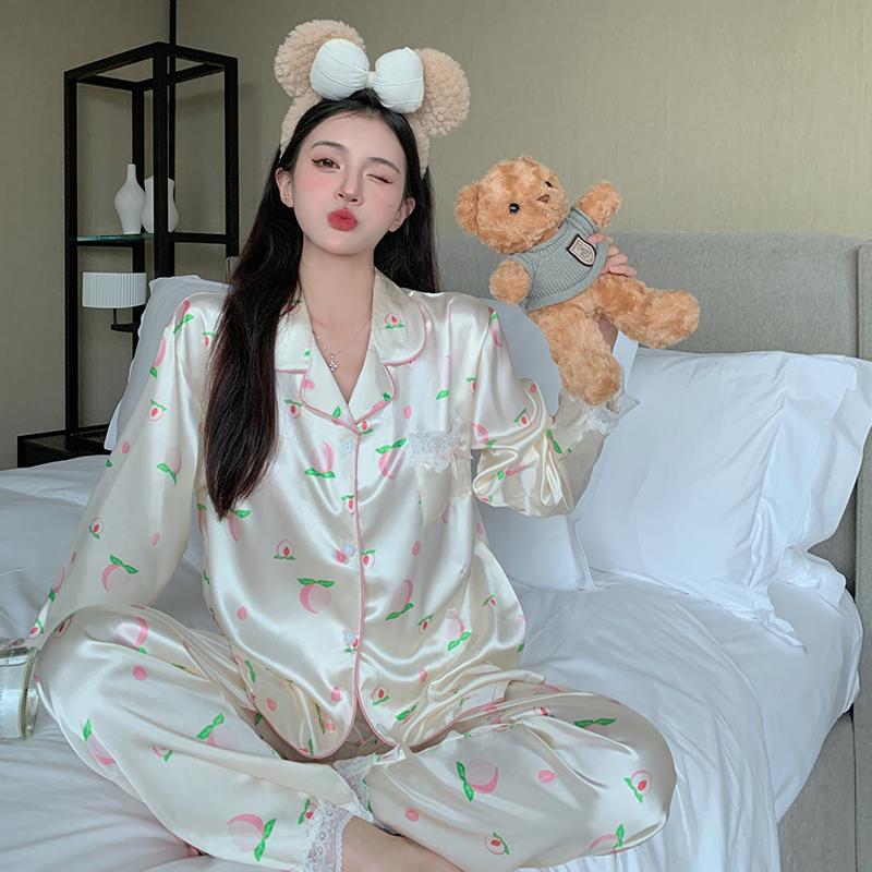 Pajamas Women's Satin Long-sleeved Pajamas Pajamas Suit Flower Printed High-grade Ice Silk Can Be Worn Outside Home Wear Pajamas