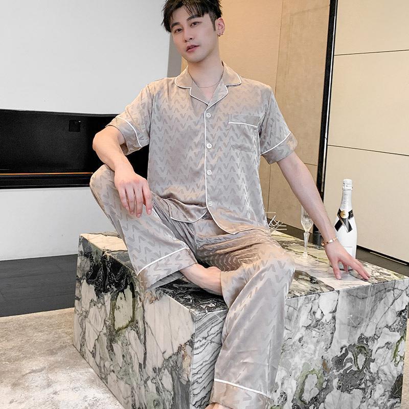 Pajamas Men's Summer Ice Silk Short Sleeve Trousers Thin Summer Loose Wear Men's Loungewear Suit