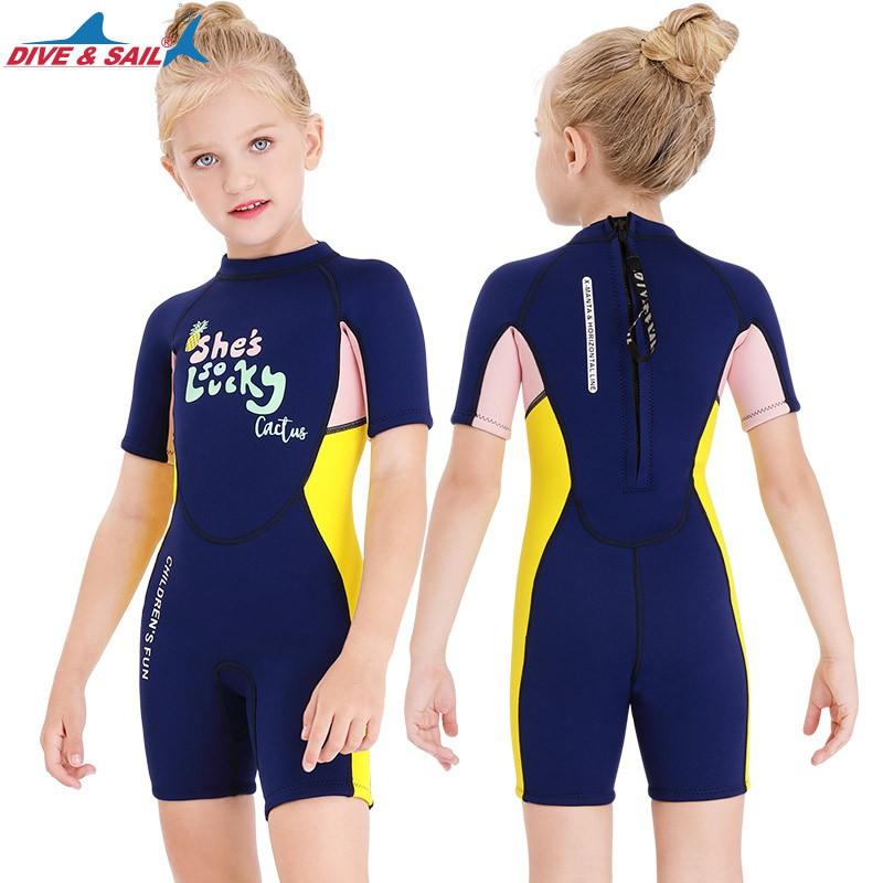 Traje de neopreno de 2,5 mm para niños, traje completo de manga corta para niñas, para snorkel, surf, natación, deportes acuáticos