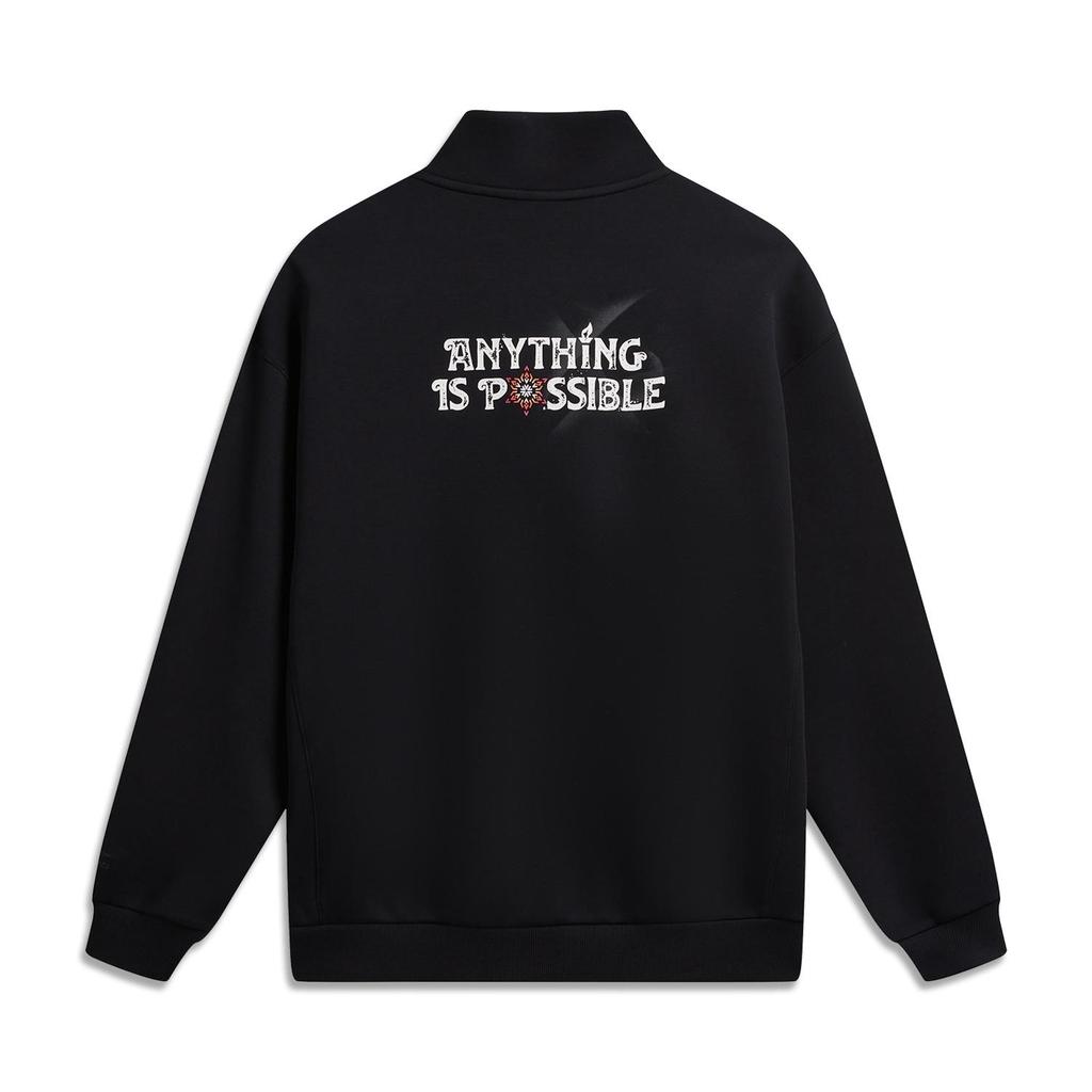 LI-NING AWDWC17-2 Unisex Sport Life Series Loose Fit Drop Shoulder Letter Print Stand Collar Long Sleeve Knit Pullover Sweatshirt