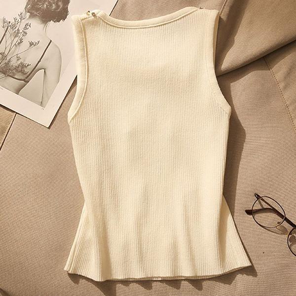 WTEMPO Spring Summer Large Size Solid Color Casual Kniited Camisole Vests Women's Autumn Versatile O-Neck Sleeveless Pearls Tank Tops