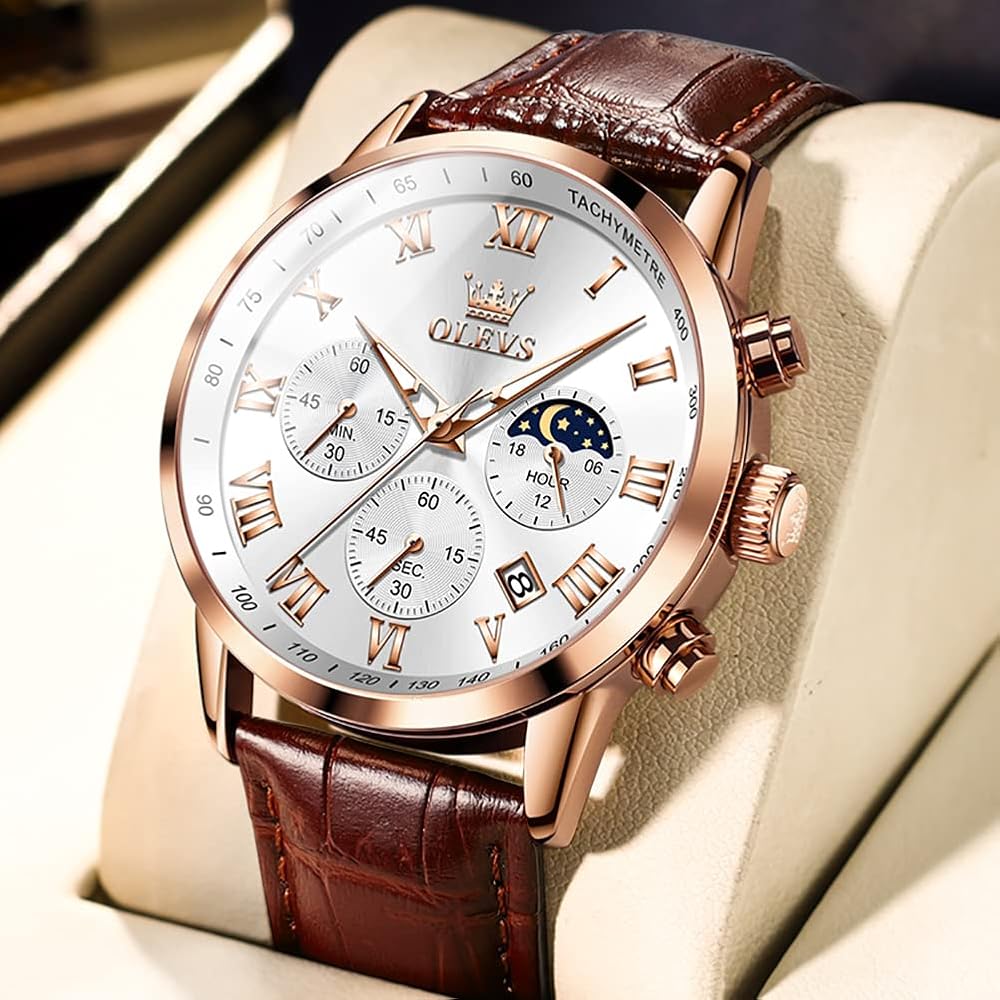 OLEVS Men's Analog Watch Brown Leather Band Waterproof Large Dial Quartz with Date and Luminous Features