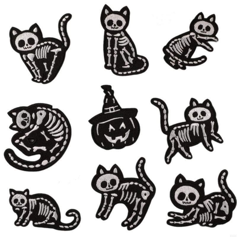 9 Pcs Sewing Patches Skull Cats Embroidered Patches Iron On/Sew on Patches HX6C