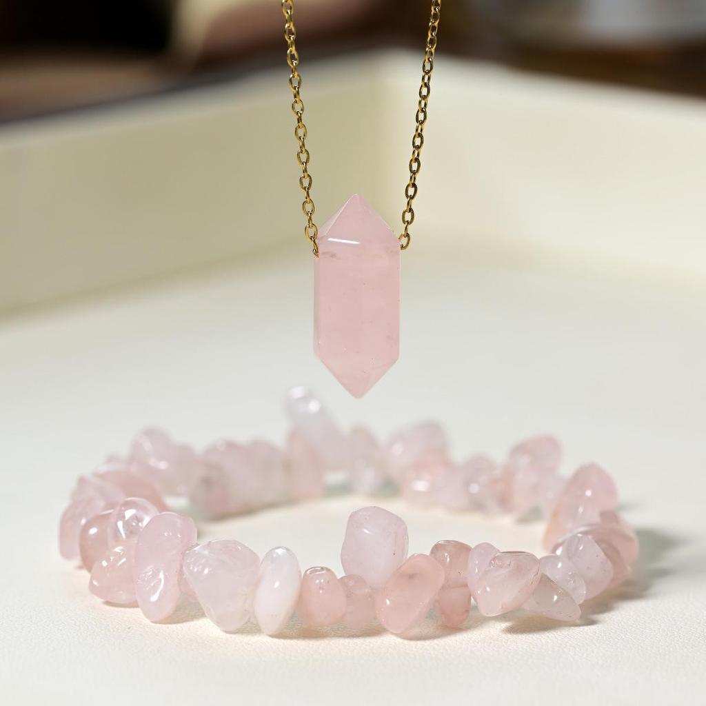 European & American Pink Crystal Beaded Bracelet & Hexagonal Pendant Necklace Set for Women