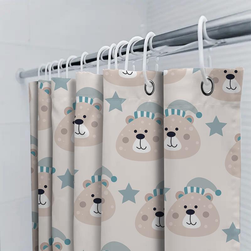 Cute Bear Pattern Shower Curtain For Home Decoration Waterproof Bath Accessories White Blue Stripes Design