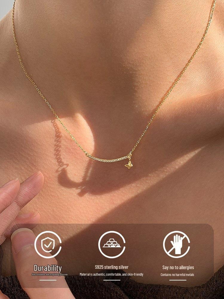 Laughing Butterfly 14K Gold-Plated Sterling Silver Butterfly Necklace Pendant for Women - Luxury Clavicle Chain Design 925 Silver