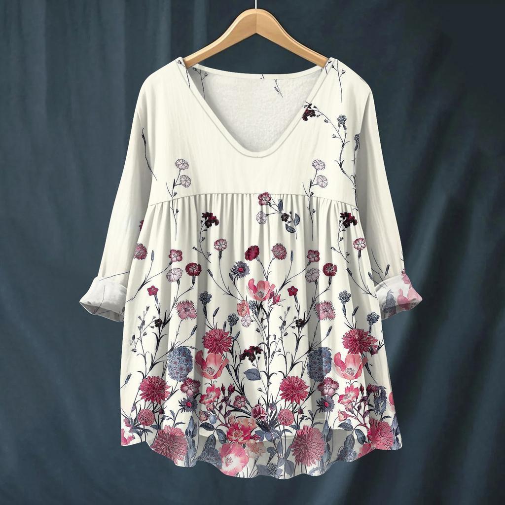 Damen Modisches Und Lässiges Hemd Langärmlig V-Ausschnitt Druck Baumwolle Und Leinen Bluse