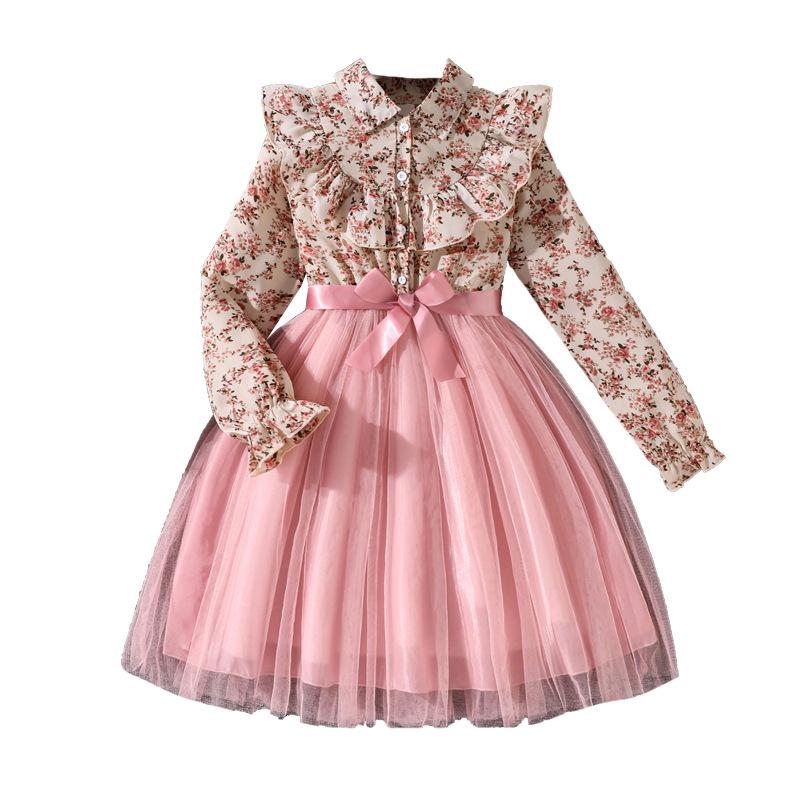 Girls' Big Kid Floral Lapel Mesh Princess Dress - Autumn 2025 Edition
