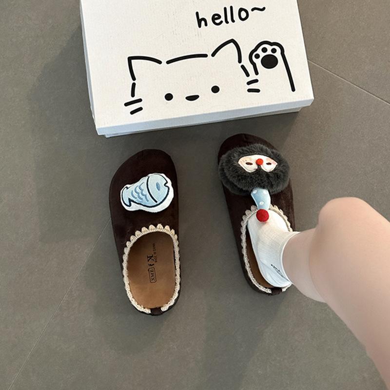 Piaohong cute cartoon doll lace thick-soled bag head fluffy slippers women wear flat cotton slippers cotton shoes in autumn and winter