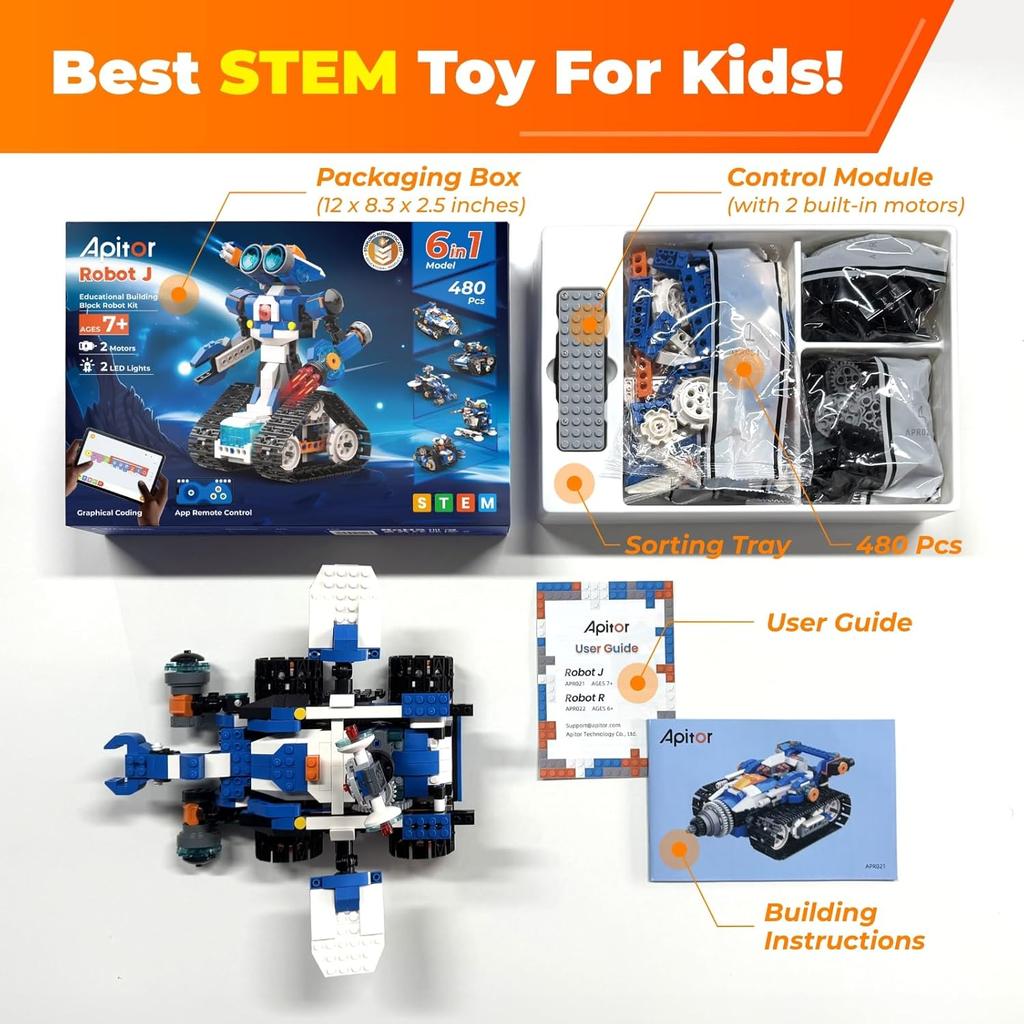Robot J Creative Robot Building Kit, 6-in-1 Programmable App Remote Control Robot/Tank STEM Learning Toy, Educational Coding Gifts for 7-8 8-12 Years