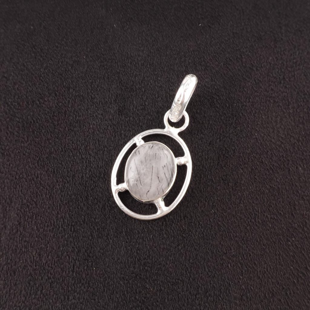 Oval Black Rutile Gemstone Sterling Silver Engagement Gift Wedding Boho Pendant PP-6-26