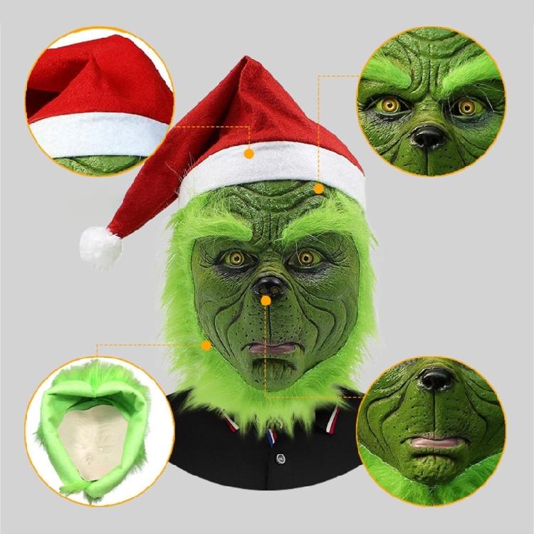 Mostri Verdi di Natale Costume di Babbo Natale Costume Cosplay di Halloween Maschera Integrale in Lattice Maschera Mostri Verdi Guanti