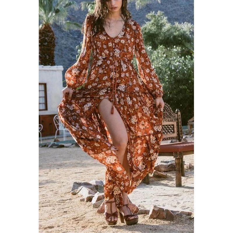 

Find In Stock Fashion Poster Bohemia Print Holiday Chiffon Dress Large Swing Skirt Split Dress Color S