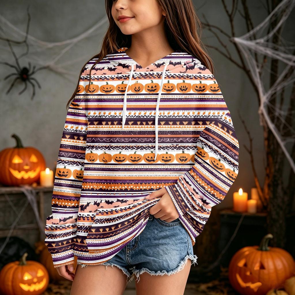 Kids Casual Halloween Print Hoodie for Holiday and Everyday Wear