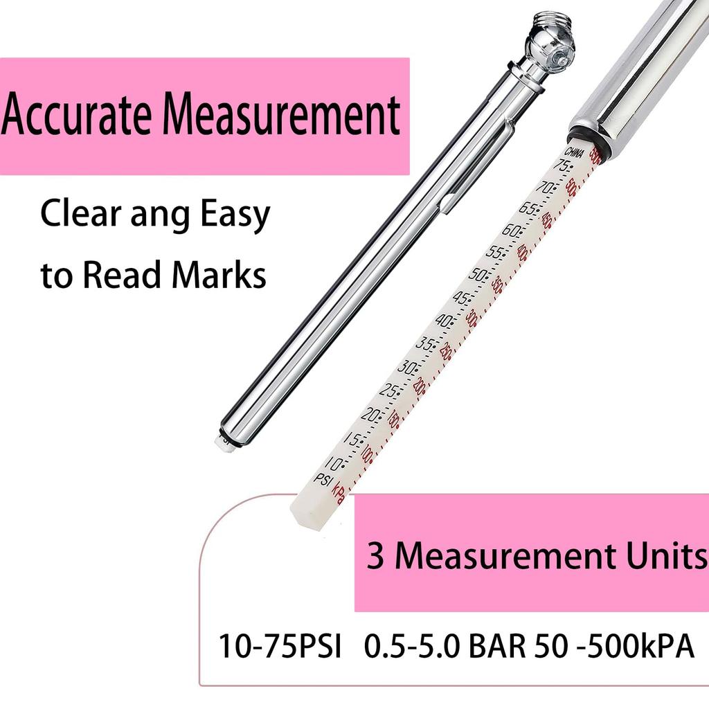 PINKJOY Pencil Tire Pressure Gauge (10-75PSI) Stainless Steel Body and Metal Made Nozzle 3 Measurements for Vehicles (3 Pack)