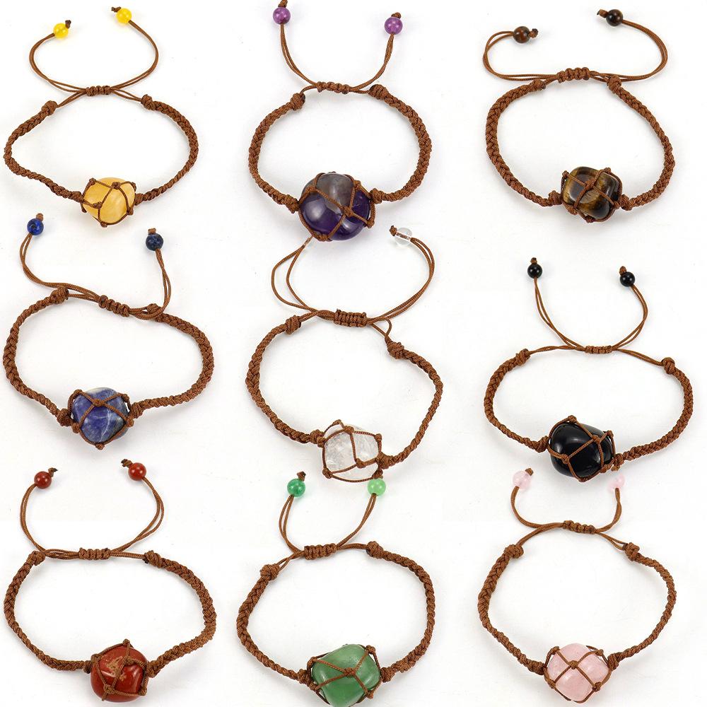 Hand-Woven Brown Jade Thread Crystal Amethyst Stone Mesh Pocket Bracelet Bracelet Adjustable B73